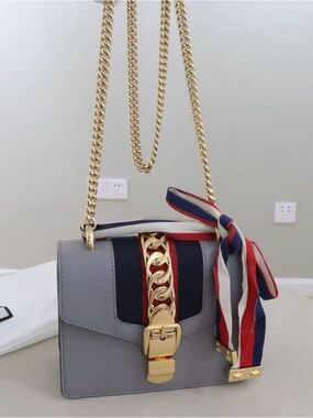 Gucci Gray Leather Crossbody with Gold Chain and Red-Blue Ribbon